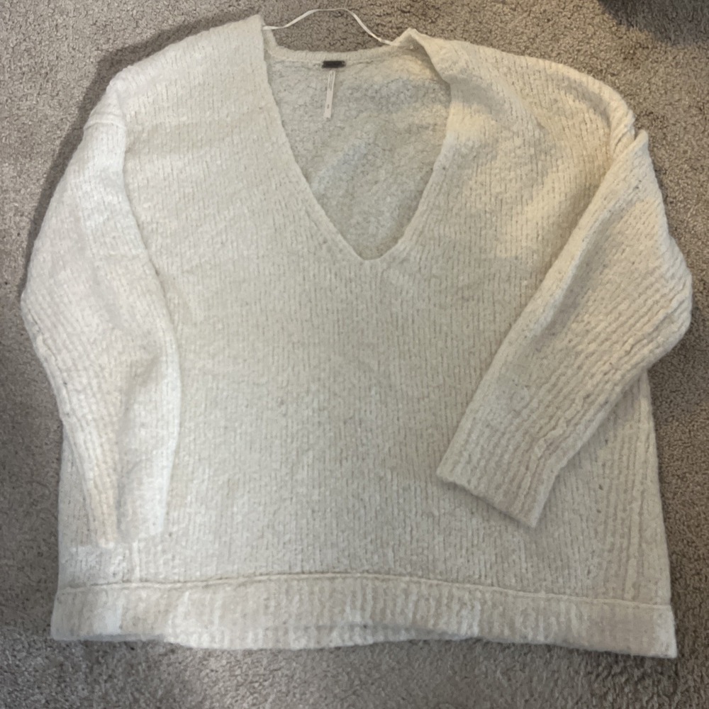 Free People‎ Lofty V-Neck Oversize Alpaca Boho Slouchy Sweater Ivory Cream Small